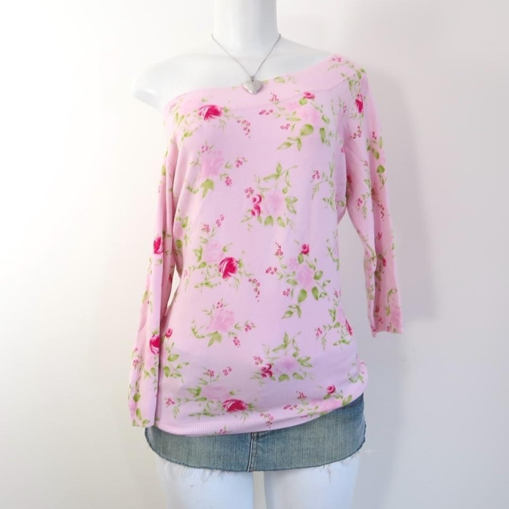y2k one shoulder pink rose print knit top off shoulder